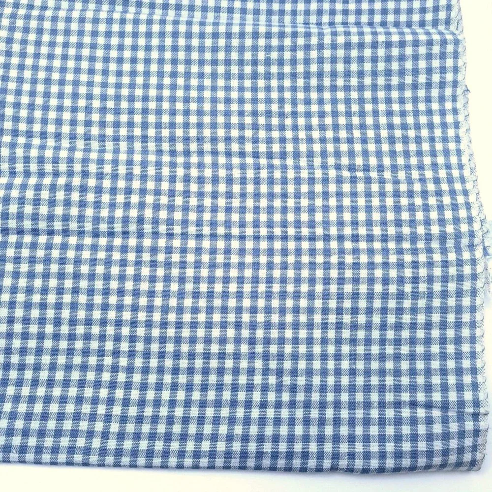Vintage Blue White Gingham Linen Fabric 124